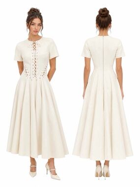 UNTTLD THE NARO LACED-UP IVORY MIDI DRESS SZ44 (XL) - BNWT